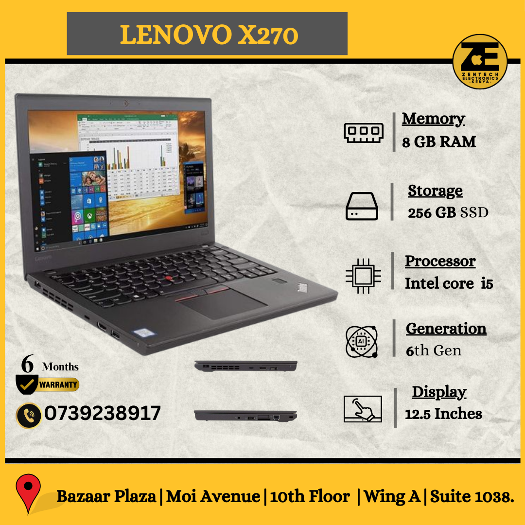 Lenovo X270 laptop with a black keyboard and a display showing a graphical user interface. The laptop is open on a flat surface and the image captures the profile and front view of the device.